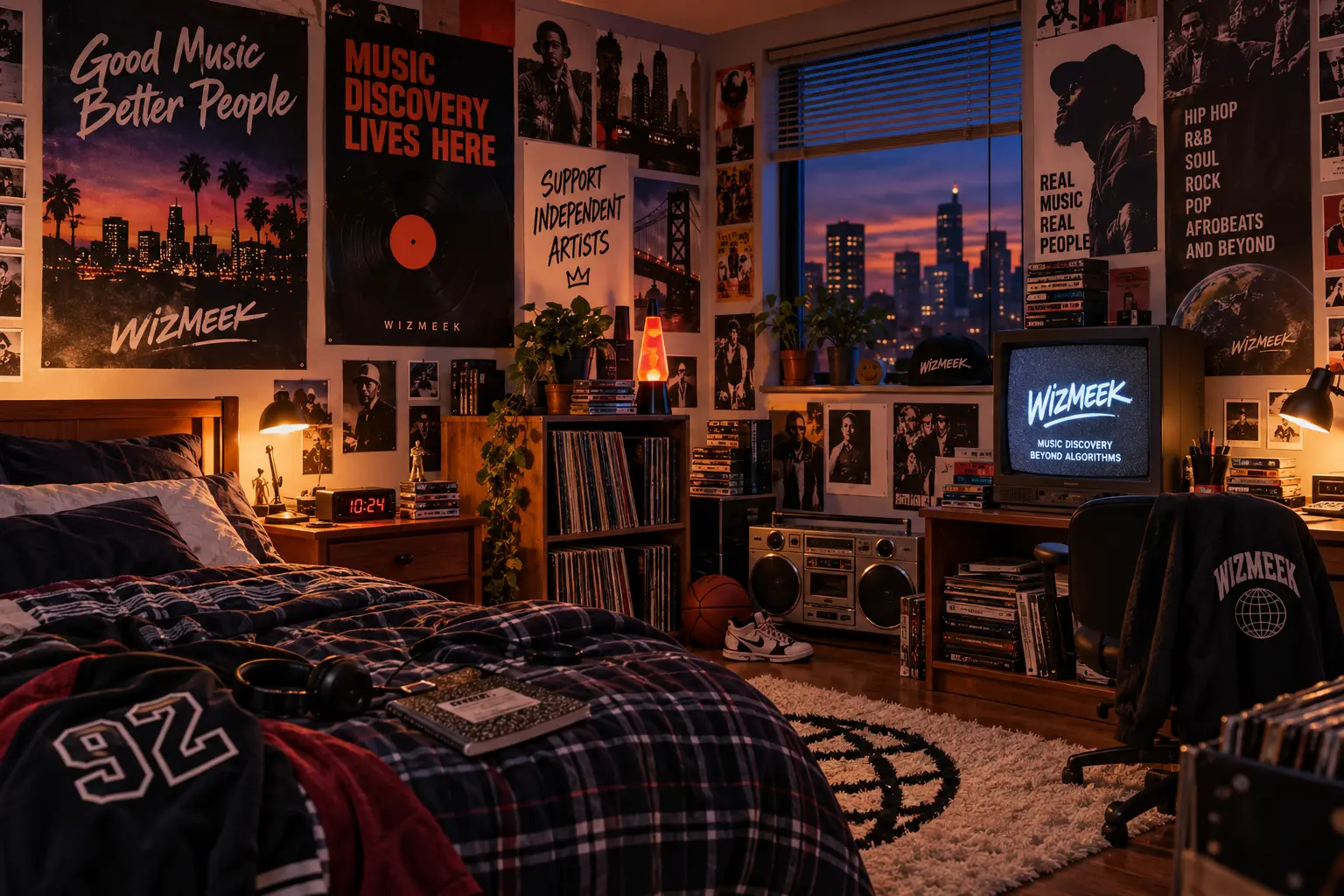 A music lover's room at dusk — records, posters and a TV playing Wizmeek
