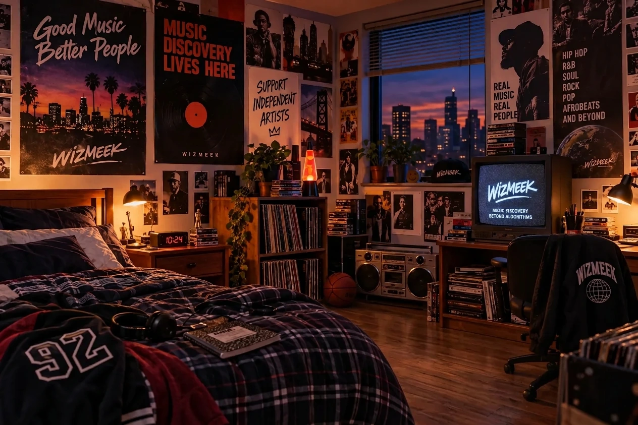A music lover's room at dusk — records, posters and a TV playing Wizmeek